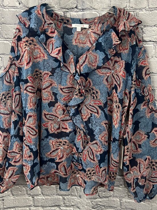 Chico's Tops - Chico’s NWT Size 4 US 20 Blue Floral Ruffle Front Blouse Long Sleeve Boho Top